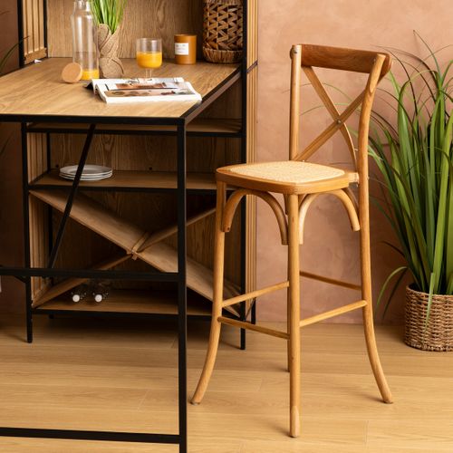 Tabouret Chaise De Bar Style Bistrot En Bois Beige Et Assise En Rotin Tressé