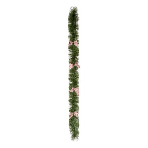 Guirlande De Noël Large 20 Cm Vert Avec Déco Noeuds Roses Longueur 2.7 Mètres