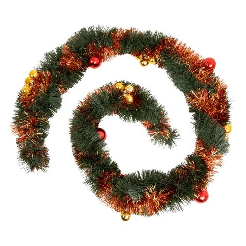 Guirlande De Noël Large 10 Cm Vert Rouge Avec Déco Boules Or Et Rouge Longueur 2.7 Mètres