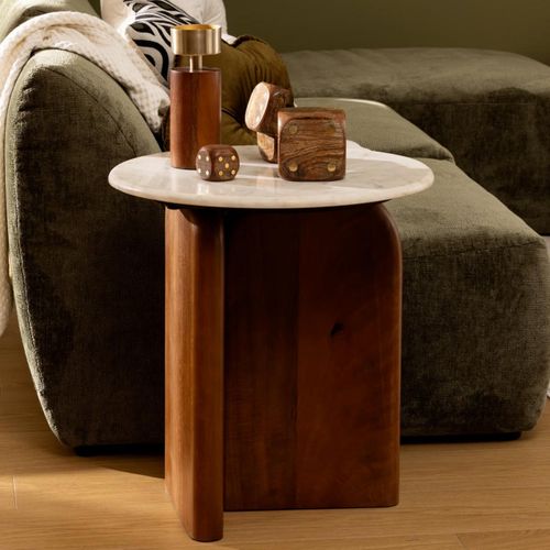 Table à Café Table D'appoint En Bois De Manguier Et Marbre Blanc D 51 Cm