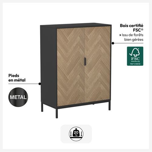 Cabinet "chevrons" 2 Portes Effet Pin Naturel Et Noir 110x80cm