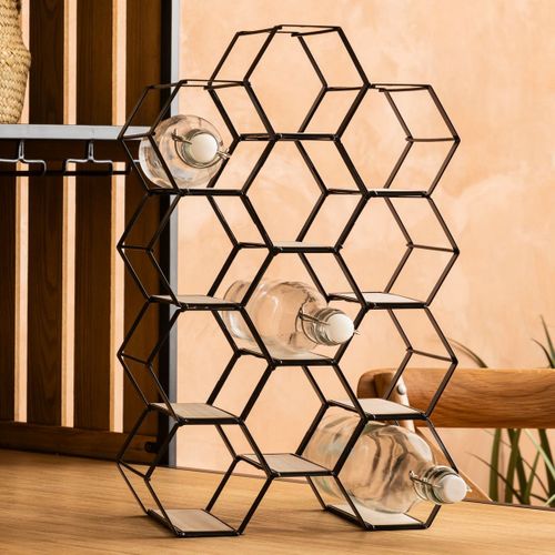 Range Bouteilles En Métal Noir Et Bois Capacité 12 Bouteilles