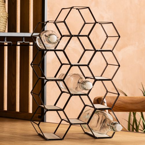 Range Bouteilles En Métal Noir Et Bois Capacité 12 Bouteilles