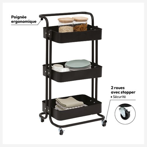 Desserte Roulante Avec Poignée En Acier Noir 3 Paniers H 86 Cm