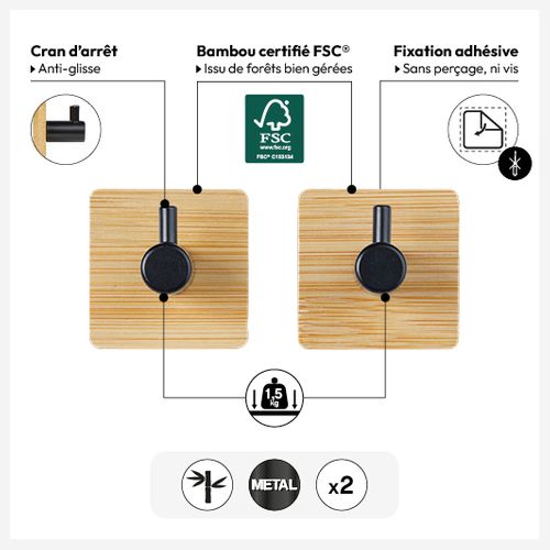 2 Patères Adhésives "stiky" En Métal Et Bamboo