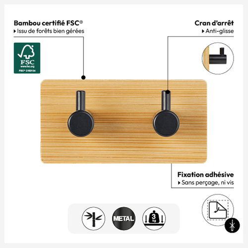 Patère Adhésive "stiky" En Métal Et Bambou