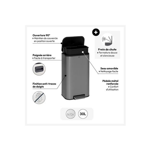 Poubelle Haute En Acier Inox Finition Mat 30 Litres Ouverture à Pédale