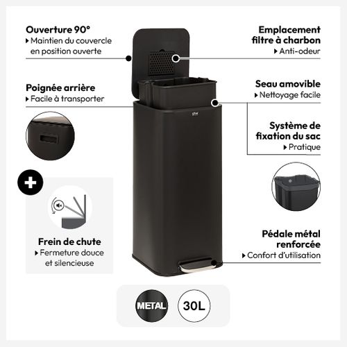 Poubelle 30 Litres En Métal Noir Ouverture à Pédale