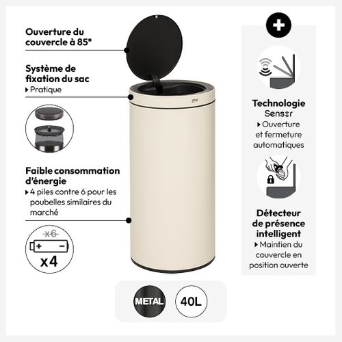 Poubelle En Métal Beige 40 Litres Sensor Ouverture Et Fermeture Automatique