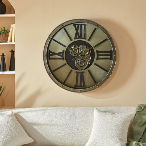 Grande Pendule Murale Argent Style Industriel Avec Rouages Mobiles D 80 Cm