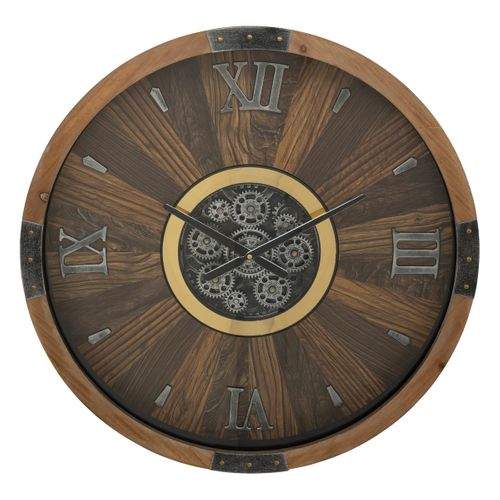 Grande Pendule Murale Marron Style Industriel Avec Rouages Mobiles D 63.5 Cm