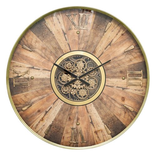 Grande Pendule Murale Marron Style Industriel Avec Rouages Mobiles D 80 Cm