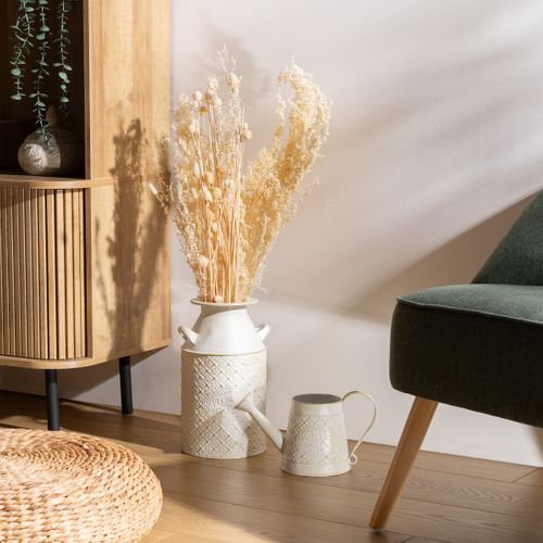 Arrosoir Décoratif En Fer Blanc Patine Mordorée Et Motifs Floraux H 16.5 Cm