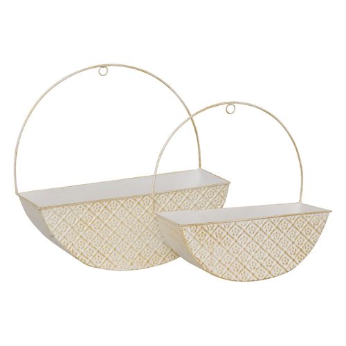 Lot De 2 Jardinières Murales En Fer Blanc Patine Mordorée Et Motifs Floraux