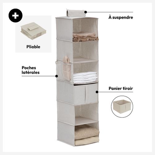 Rangement Chaussures "groomy" 6 Cases Avec Panier Beige 127x30cm