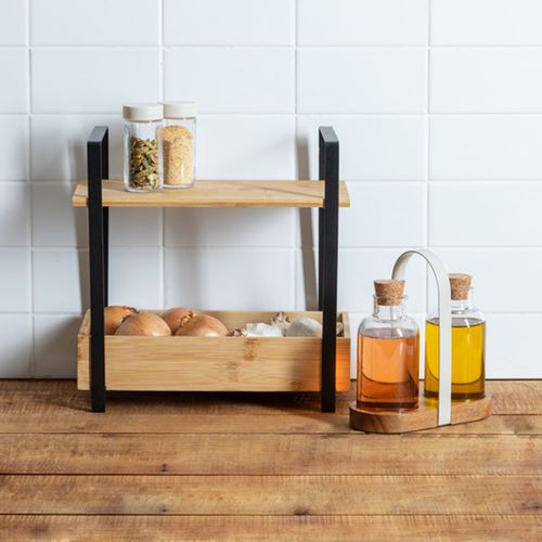 Étagère "ordera" 2 Niveaux Avec Bac De Rangement En Bambou Noir