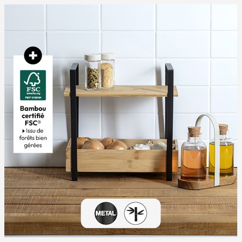 Étagère "ordera" 2 Niveaux Avec Bac De Rangement En Bambou Noir