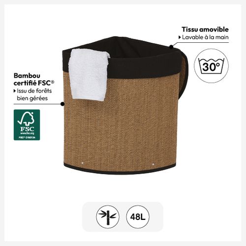 Panier à Linge D'angle 48l En Bambou Et Tissu Noir H 50 Cm