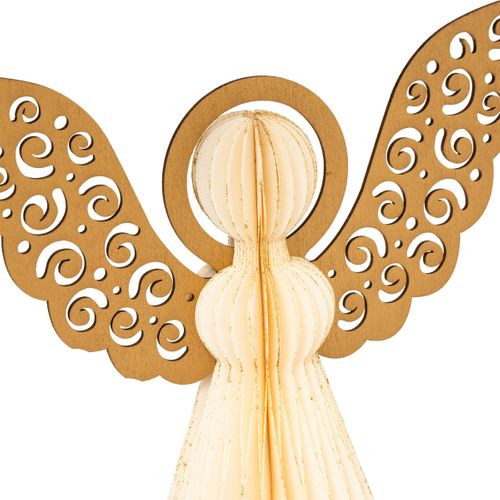 Déco De Noël Ange En Bois Et Papier Plié Écru Avec Liseré Doré H 25 Cm