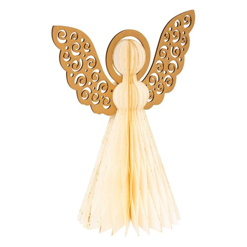 Déco De Noël Ange En Bois Et Papier Plié Écru Avec Liseré Doré H 25 Cm