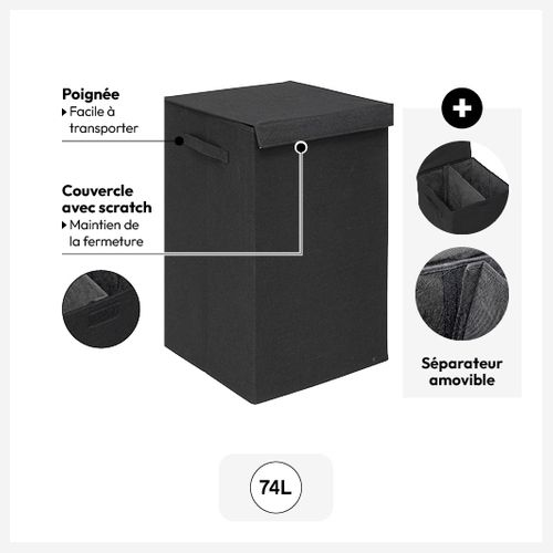 Panier à Linge Noir 74l Avec 2 Compartiments H 60 Cm