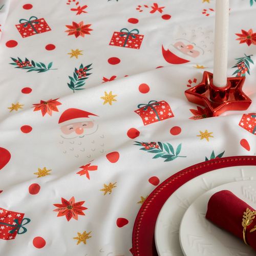 Nappe De Noël Ronde Antitache Motif Père Noël - D. 180 Cm