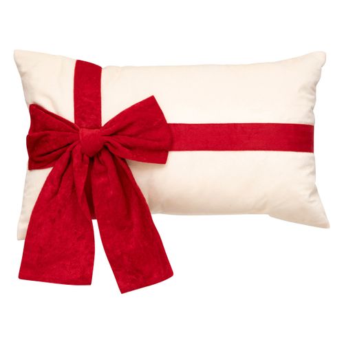 Coussin De Noël Blanc Nœud Rouge Façon Paquet Cadeau 30 X 50 Cm