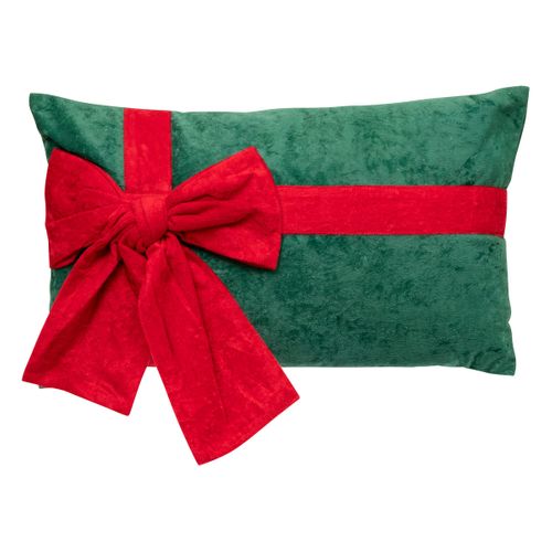 Coussin De Noël Vert Nœud Rouge Façon Paquet Cadeau 30 X 50 Cm
