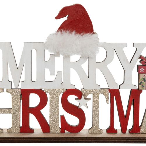 Déco De Noël Mot Merry Christmas En Bois Avec Bonnet Rouge L 30 Cm