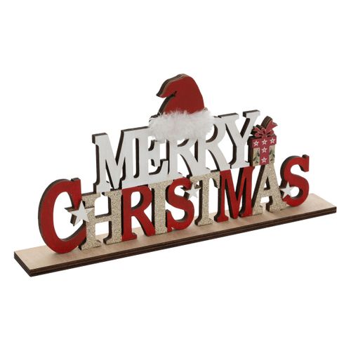 Déco De Noël Mot Merry Christmas En Bois Avec Bonnet Rouge L 30 Cm