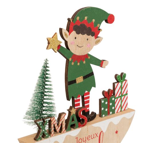 Déco De Noël En Bois Lutin Avec Sapin Et Paquets H 17 Cm