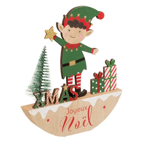 Déco De Noël En Bois Lutin Avec Sapin Et Paquets H 17 Cm