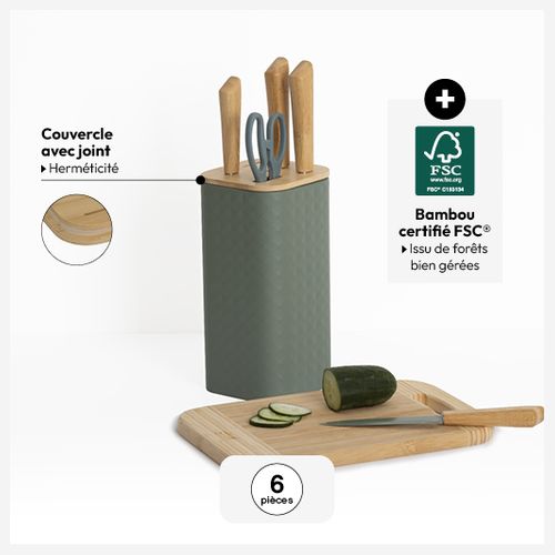 Bloc "sensia" 4 Couteaux Et Ciseaux Manches En Bambou