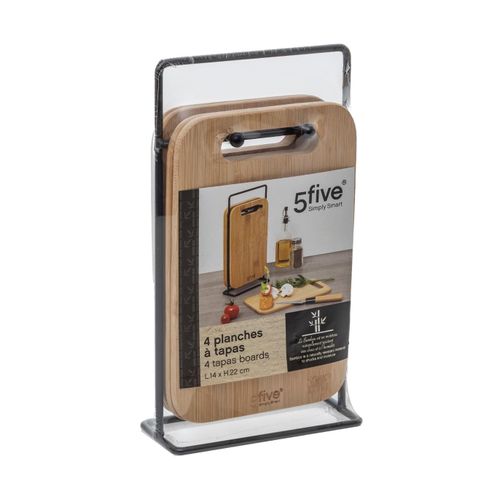 Set 4 Planches à Tapas En Bambou Avec Support En Métal Noir