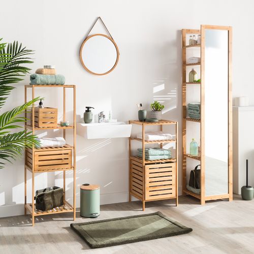 Poubelle De Salle De Bain En Métal Vert Kaki Et Couvercle En Bambou 3 L