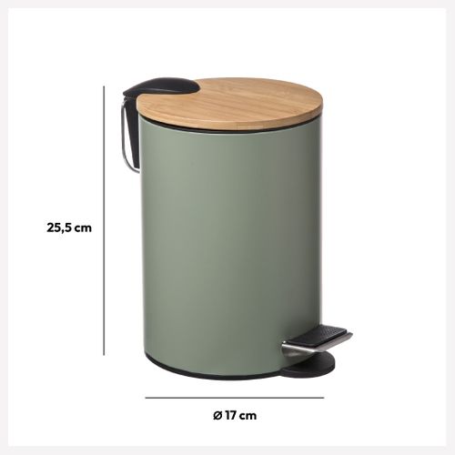 Poubelle De Salle De Bain En Métal Vert Kaki Et Couvercle En Bambou 3 L
