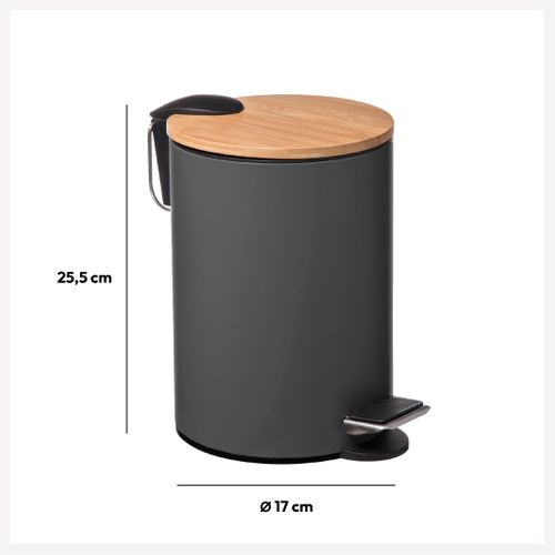 Poubelle De Salle De Bain En Métal Gris Et Couvercle En Bambou 3 L