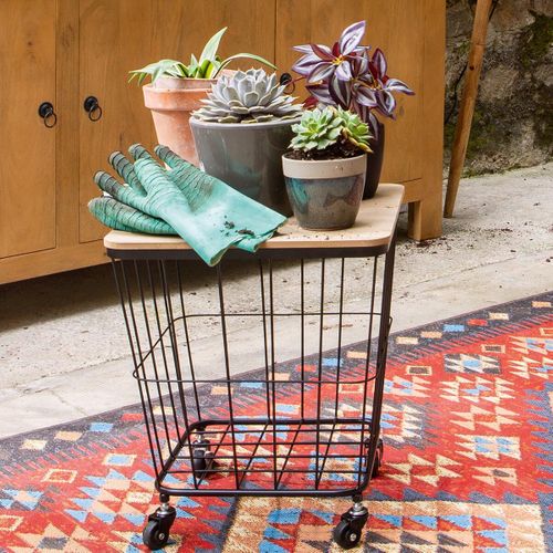 Table Coffre Grillagé Sur Roues En Métal Noir Et Bois