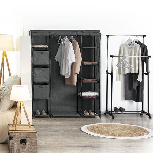 Armoire En Tissu Avec Penderie, Étagères Et Boites De Rangement - Gris Anthracite
