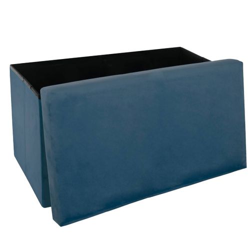 2 En 1 Pouf Pliant Double Et Coffre De Rangement Velours Bleu 76 X H 38 Cm