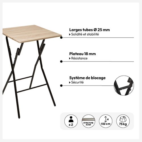 Table de bar pliante 2P 60x60 - Naturel / Noir
