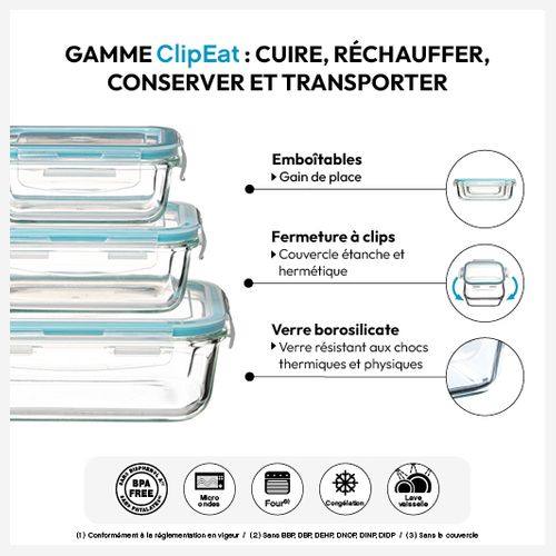 3 Petites Boîtes Rect De Conservation Verre Clipeat