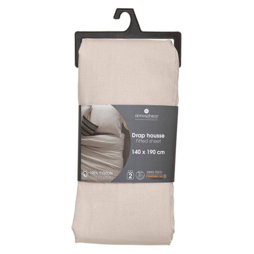 Drap Housse 2 Personnes En Coton Beige Lin 140 X 190 Cm