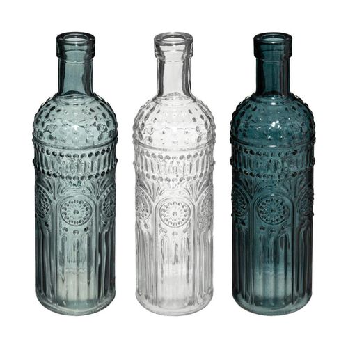 Lot De 3 Vases Bouteilles En Verre - Bleu Foncé/bleu Clair/transparent - H 24,5 Cm