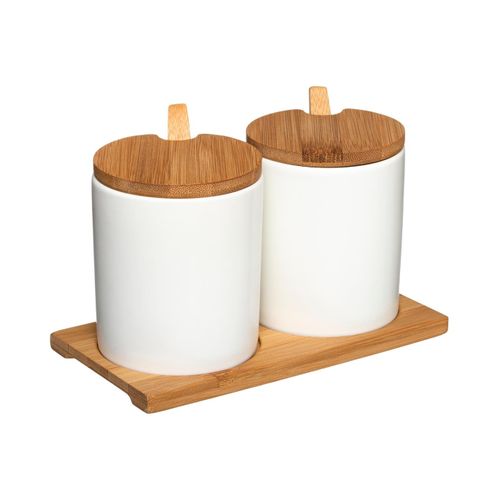 Set 2 Pots à Épices En Céramique Blanche Sur Plateau En Bambou