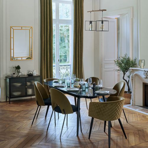 Chaise Fauteuil De Table En Velours Vert Kaki Et Pieds En Métal Noir