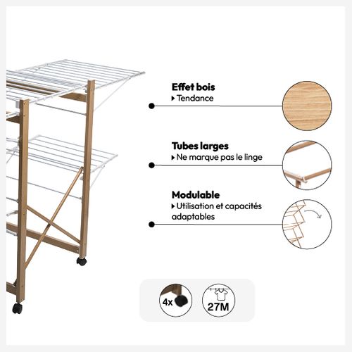 Étendoir À Linge Sur Roues En Métal Aspect Bois 27 Mètres D'étendage
