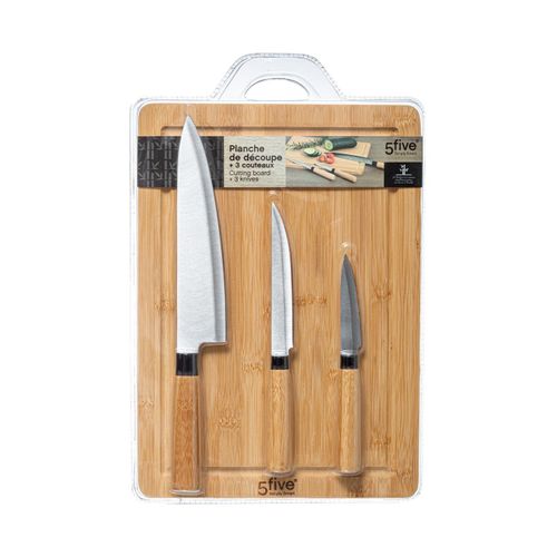 Planche à Découper En Bambou Avec 3 Couteaux Lames En Inox 35 X 25 Cm