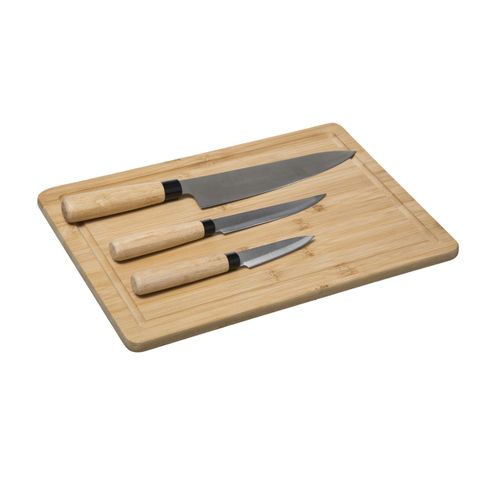 Planche à Découper En Bambou Avec 3 Couteaux Lames En Inox 35 X 25 Cm