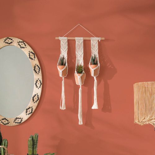 Suspension En Coton 3 Plantes Artificielles Pots En Terre Cuite  H 68 Cm